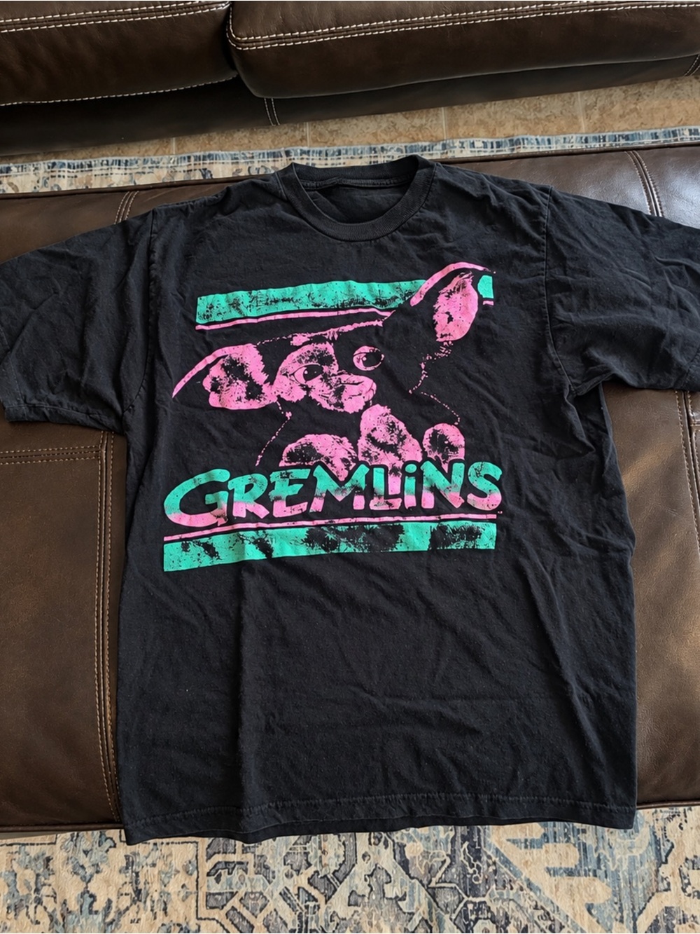 Gildan Black Gremlins Tee with Pink & Teal Screenprint